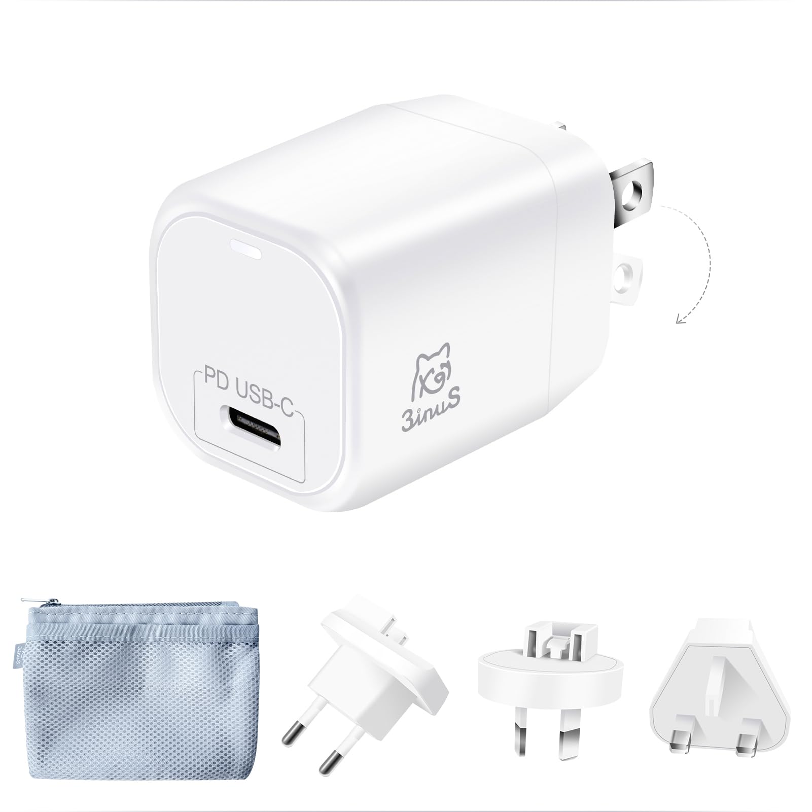 3inus 33W USB-C PD Wall GaN Charger, Phone plug foldable Charger with traveller adapters for Smartphone 15/15Pro/15Pro max, Pad Pro Tablet, Macbook Air etc.