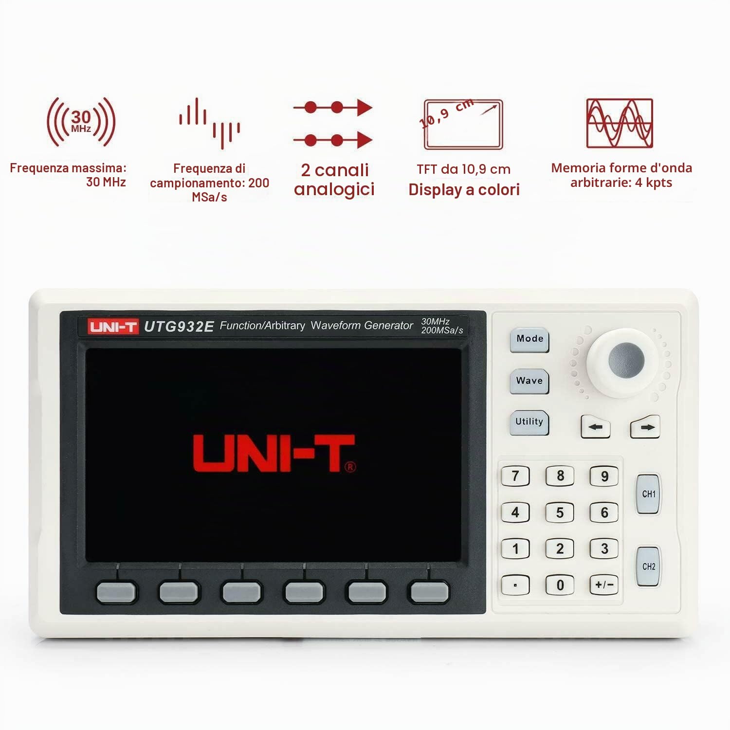 UNI-T 30 MHz Generatore di funzioni, UTG932E arbitrario di forma d'onda, 2 canali, 200MSa/s, risoluzione verticale a 14 bit, (EU Plug) Shop in Germania,3 anni di garanzia