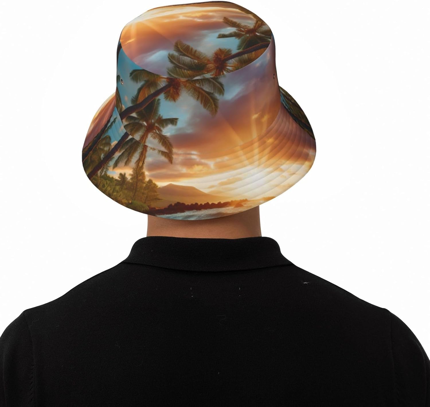 Hawaiian Beach with Palm Trees Print Sun Hat Outdoor Fisherman Cap Summer Bucket Hat Beach for Men Women Black