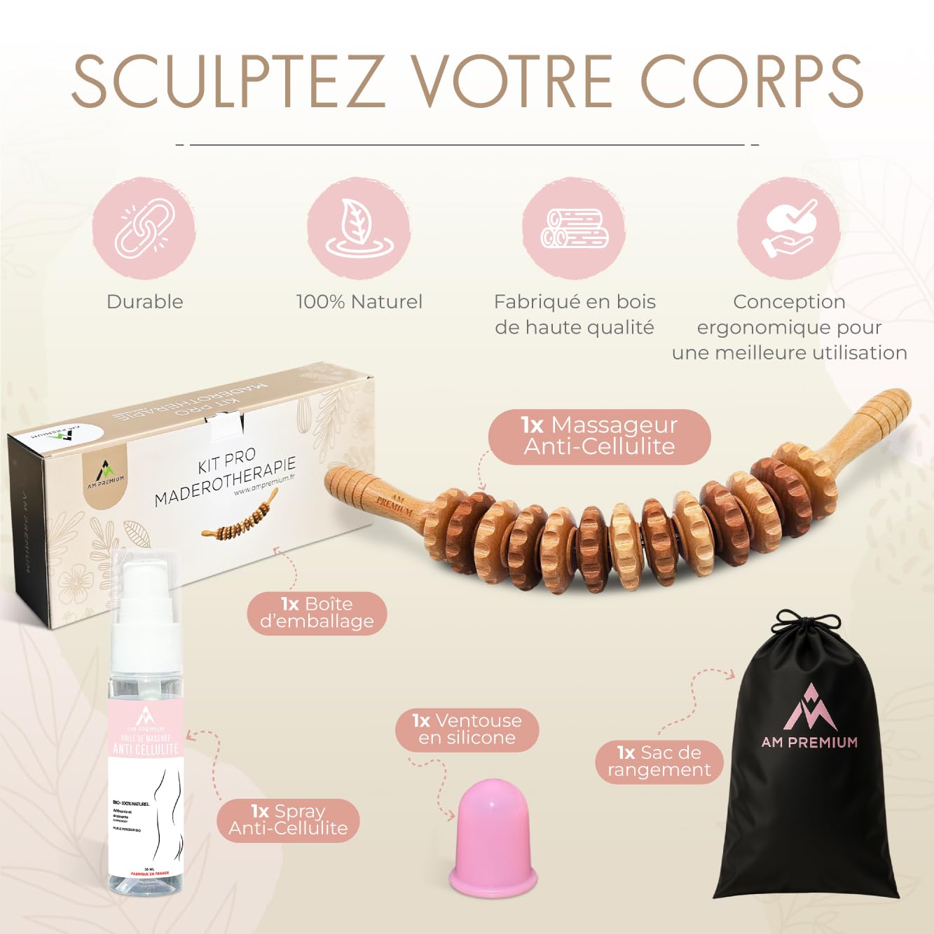 kit de MADEROTHERAPIE avec HUILE et Ventouse, Palper Rouler anti cellulte, Drainage Lymphatique, Jambes lourdes, kits de massage, madérotherapie ventre