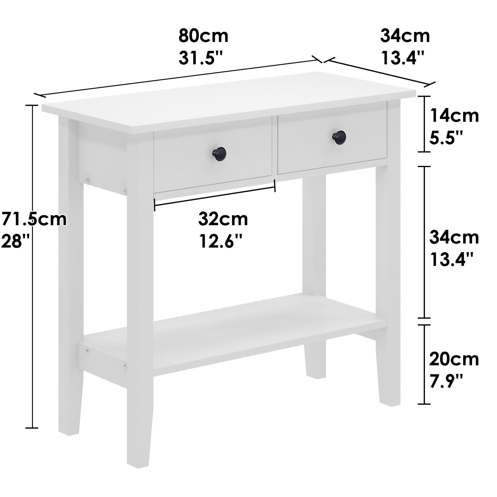 soges Konsolentisch Couchtisch Beistelltisch Sideboard mit 2 Schubladen, Eingangstisch, weiß, für Eingangsbereich, Wohnzimmer, 80 x 34 x 71,5 cm