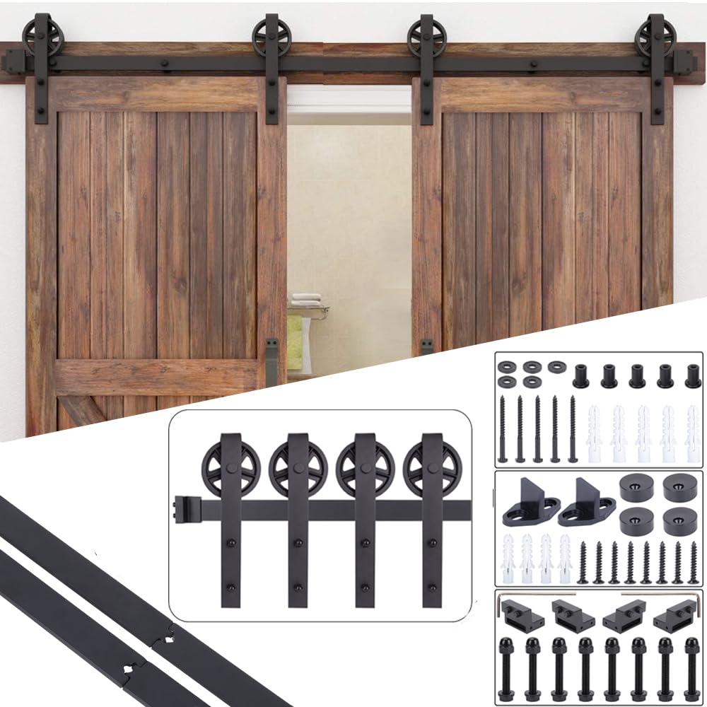 Egtink Double Door 305Cm/10Ft Barn Door Rail Kit, Sliding Door Rail Kit, Industrial Wooden Hanging Door Set For S