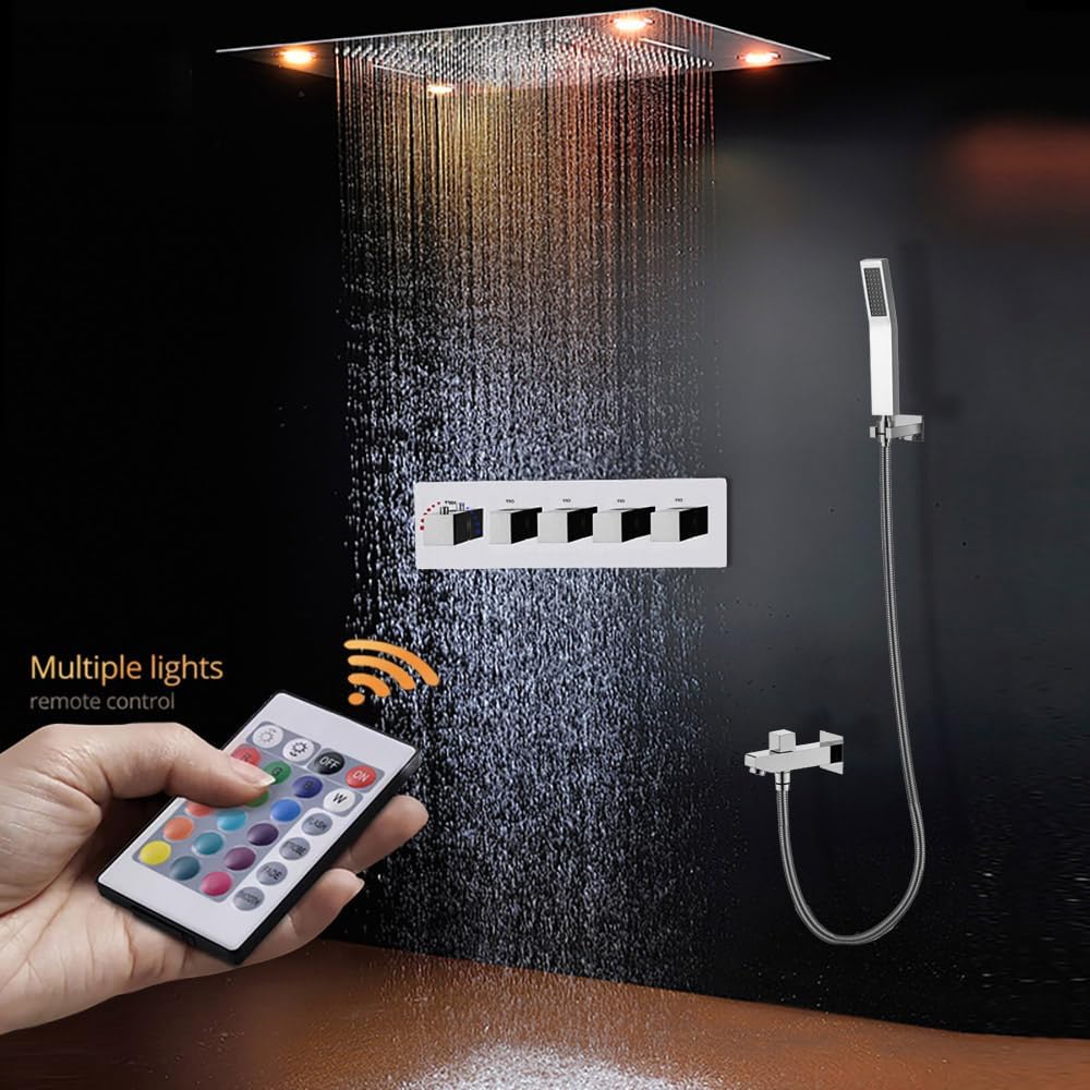 Cascada Classic Design 31 Inch (600mmx800mm) Large Rain Shower Set with Waterfall LED Rectangle recessed ceiling-mount 4 Function shower head (Matt Black)