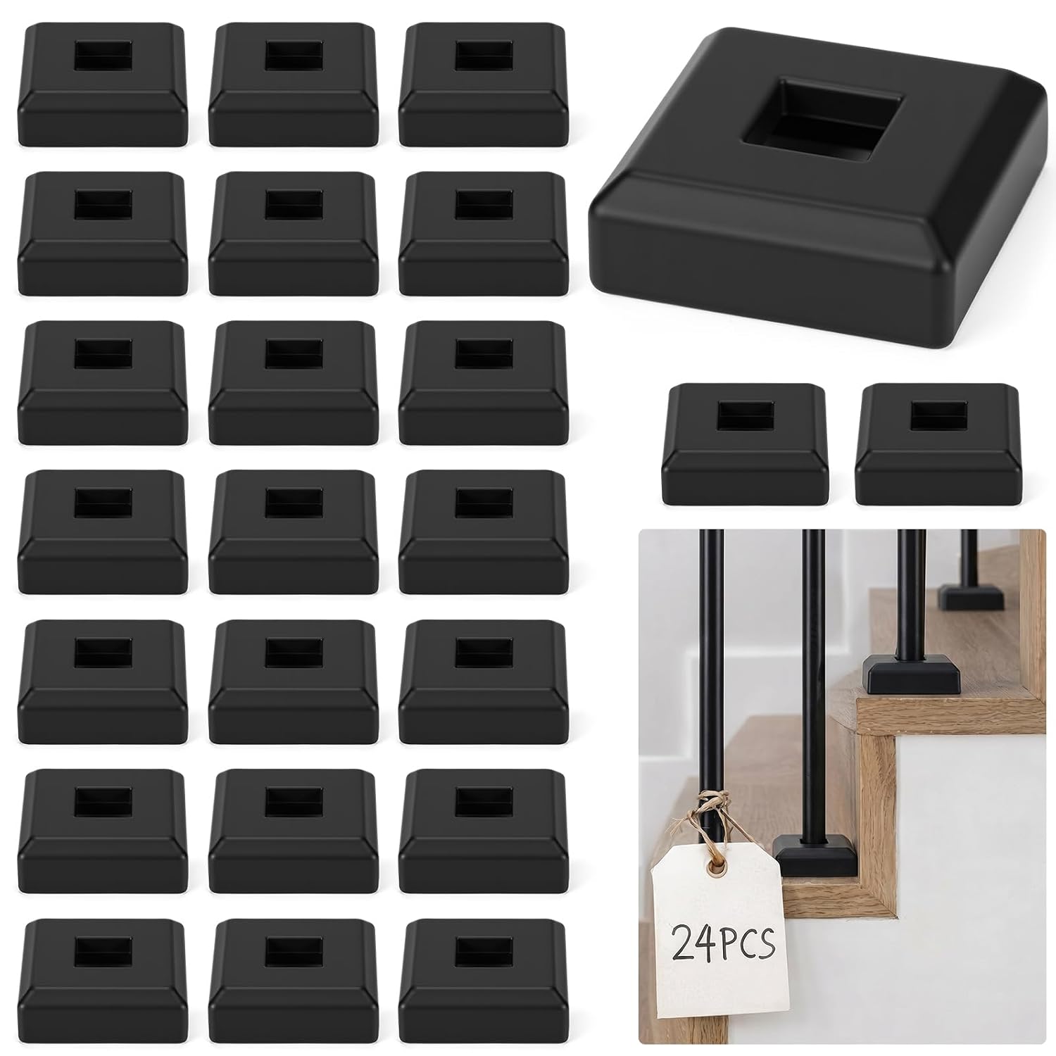 Flutesan 24 Pcs 1/2'' Baluster Shoe Aluminum Flat Shoes Modern Matte Black | Square Flat Shoe for Scroll, Basket Twist Knuckle Baluster, Metal Spindle Railing, Easy Installation, Stair Renovation