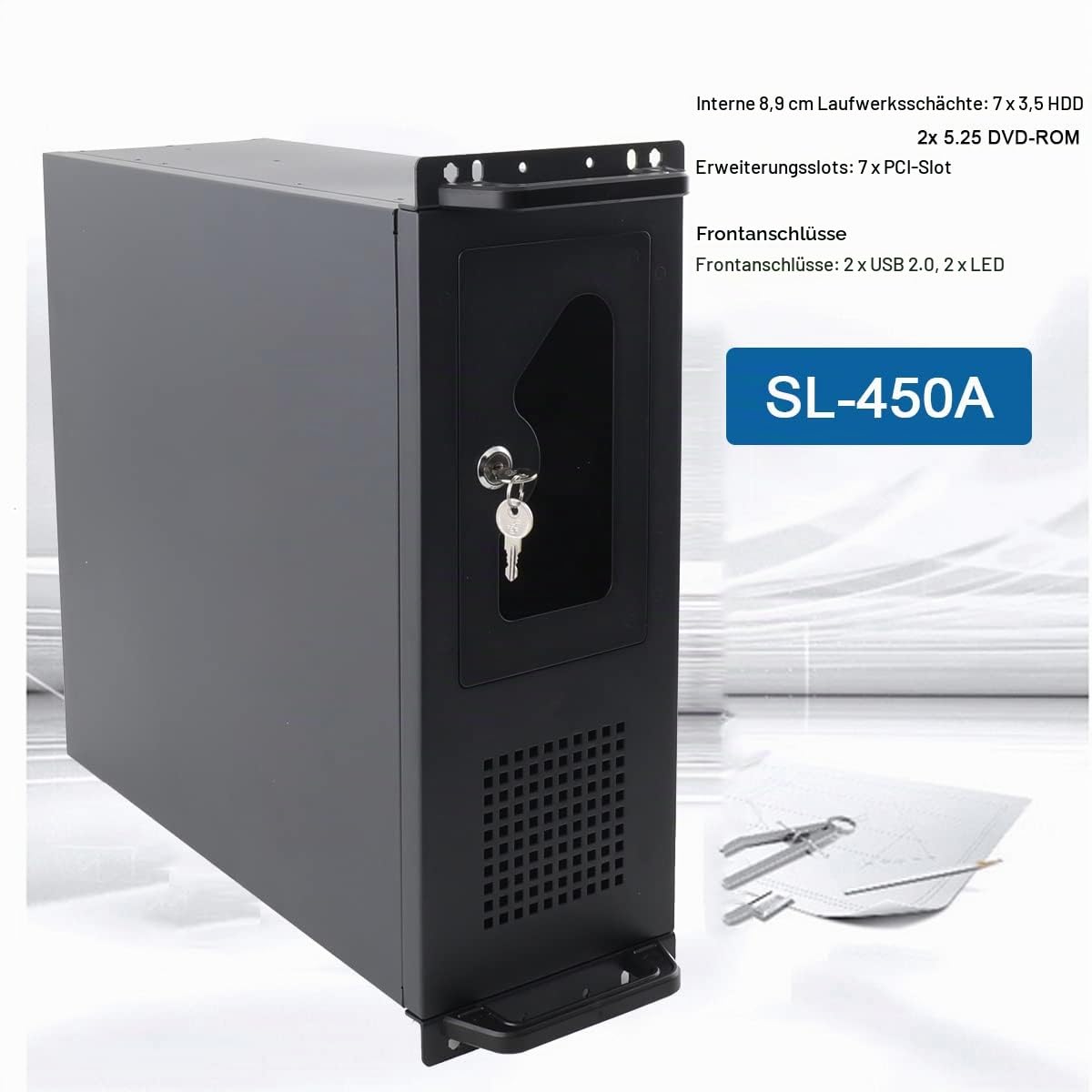 Servergehäuse 4HE Netzwerkschrank Wandmontage Serverschrank SL-450A | Server-Rack mit Verriegelbaren Türseitenteilen & 7 x 3,5 HDD-Laufwerksschächte mit 80 mm Lüfter
