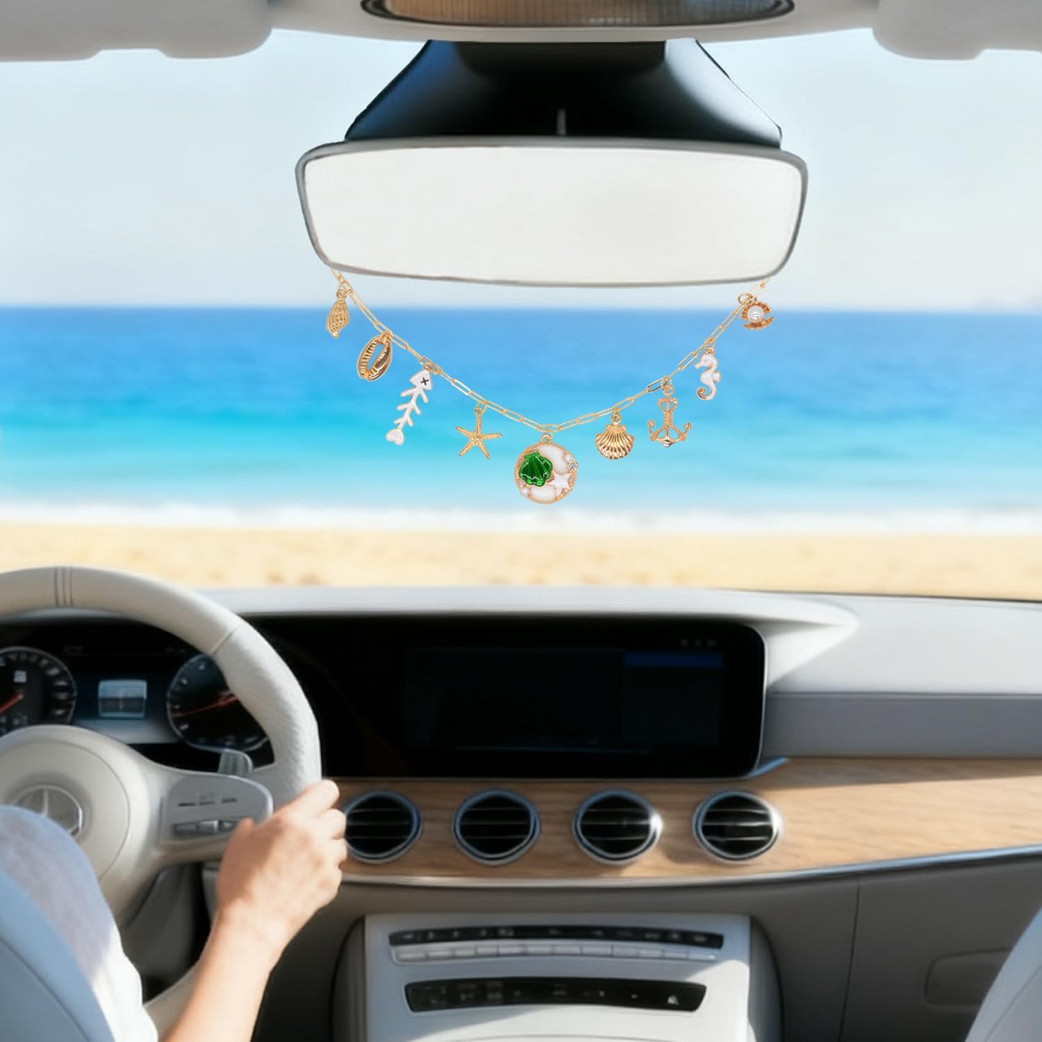 OPG Sea Shell Rear View Mirror Accessories Hanging Charms,Hand-Made Car Hanging Ornament Gifts for Women/Men,Cute Hanging Charm for Rear View Mirror (Green) image 4