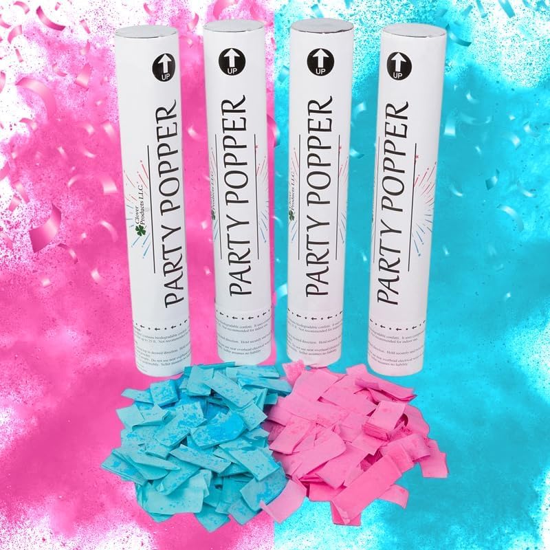 Clover Products Premium Gender Reveal Powder Cannon - 4-pak zawiera 2 niebieskie i 2 różowe | 30-centymetrowe zatrzaski ujawniające płeć | Zasilane sprężonym powietrzem | Każde pudełko zawiera DARMOWY