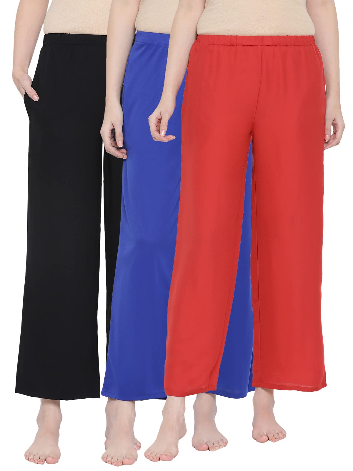 Women'S Pack Of 3 Crepe Basic Assorted Color & Print Pyjama-image-29