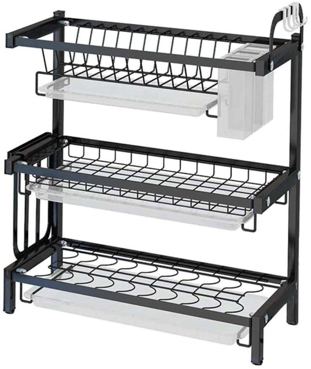 Scolapiatti a 3 Livelli in Acciaio Inox Nero per Piatti, Tazze e Bicchieri. Design salvaspazio. Dimensioni: 44,3 x 25,5 x 51 cm. Facile da Pulire.