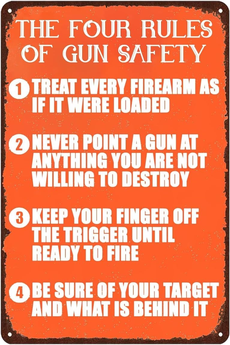 The Four Rules Of Gun Safety Warning Metal Signs Vintage Tin Sign, Rule Tin Poster Wall Art Home Kitchen Garage Bar Pub Wall Decor Gift 12x8 Inch