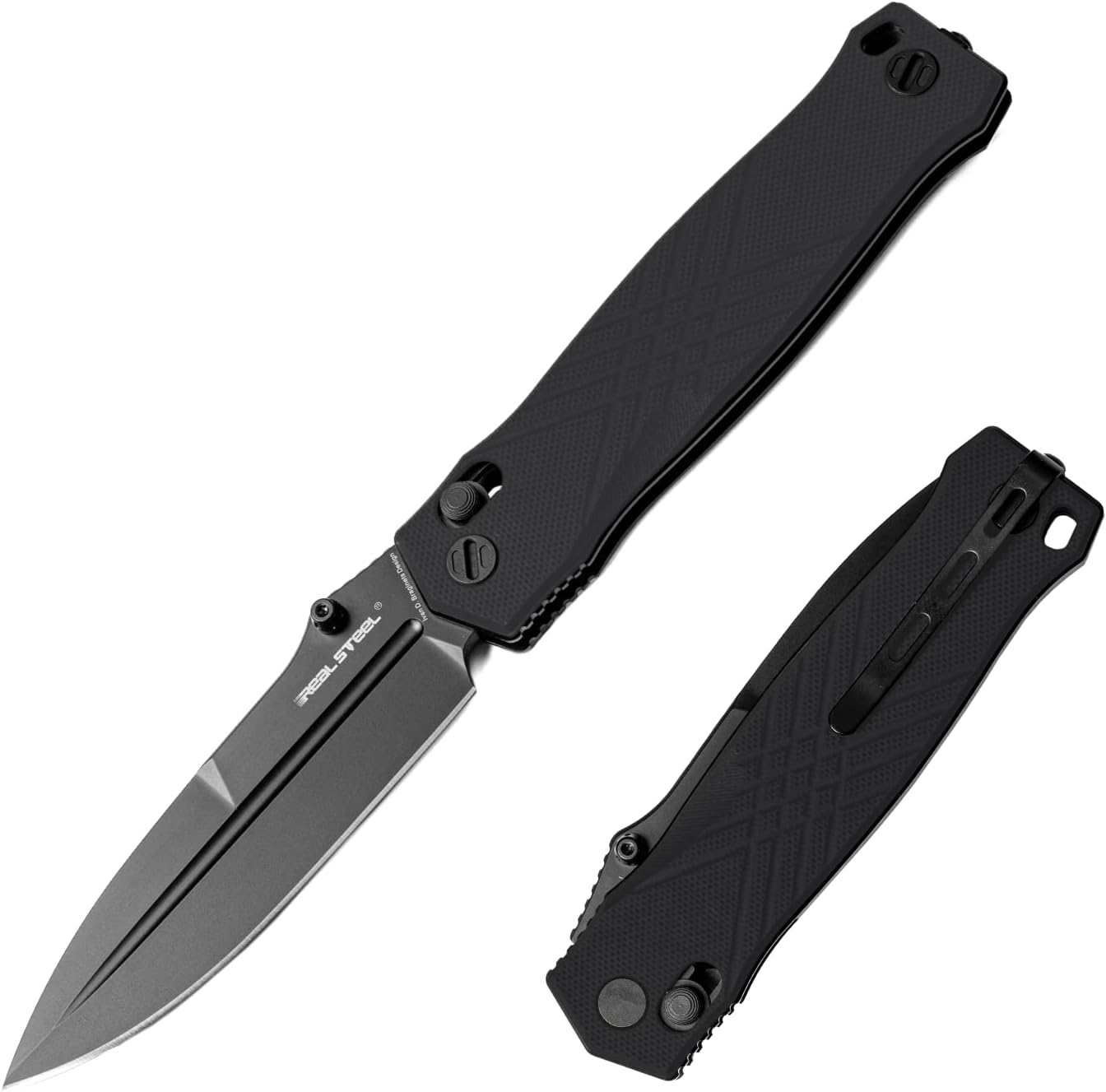 Real Steel Muninn Crossbar Lock Folding Pocket Knife,Tactical Knife,Dagger Folder - 3.62" VG-10 Black Blade, G10 Handle - Perfect for Camping, Hiking, Daily Cutting Tasks - EDC Knife for Men Women - Black