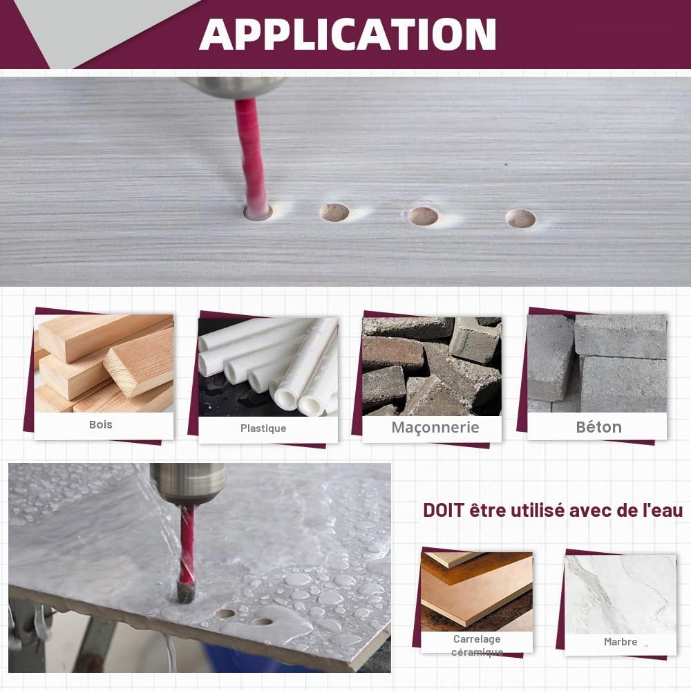 Forets Carrelage 10 Pièces - 6/6/6/6/6/6/8/8/10/10mm Trépan de Forage pour Bois Plastique Maçonnerie Béton, Forage Humide Carrelage Céramique Marbre, Tige Hexagonale à Changement Rapide