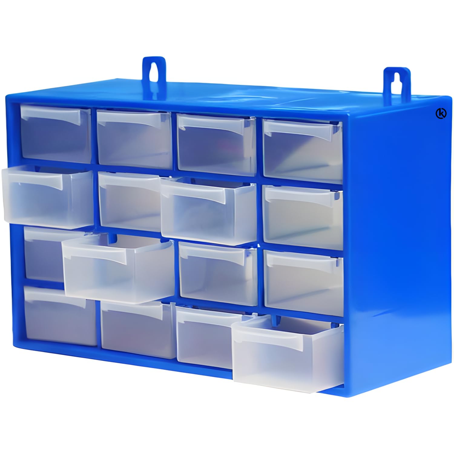 KROWN - Clasificador Modular de Pared Apilable, 27 x 17 x 12,5 cm, 16 Cajones, Almacenamiento de Pequeñas Herramientas, Tornillos, Marco de Polipropileno, Cajones Transparentes (Azul)