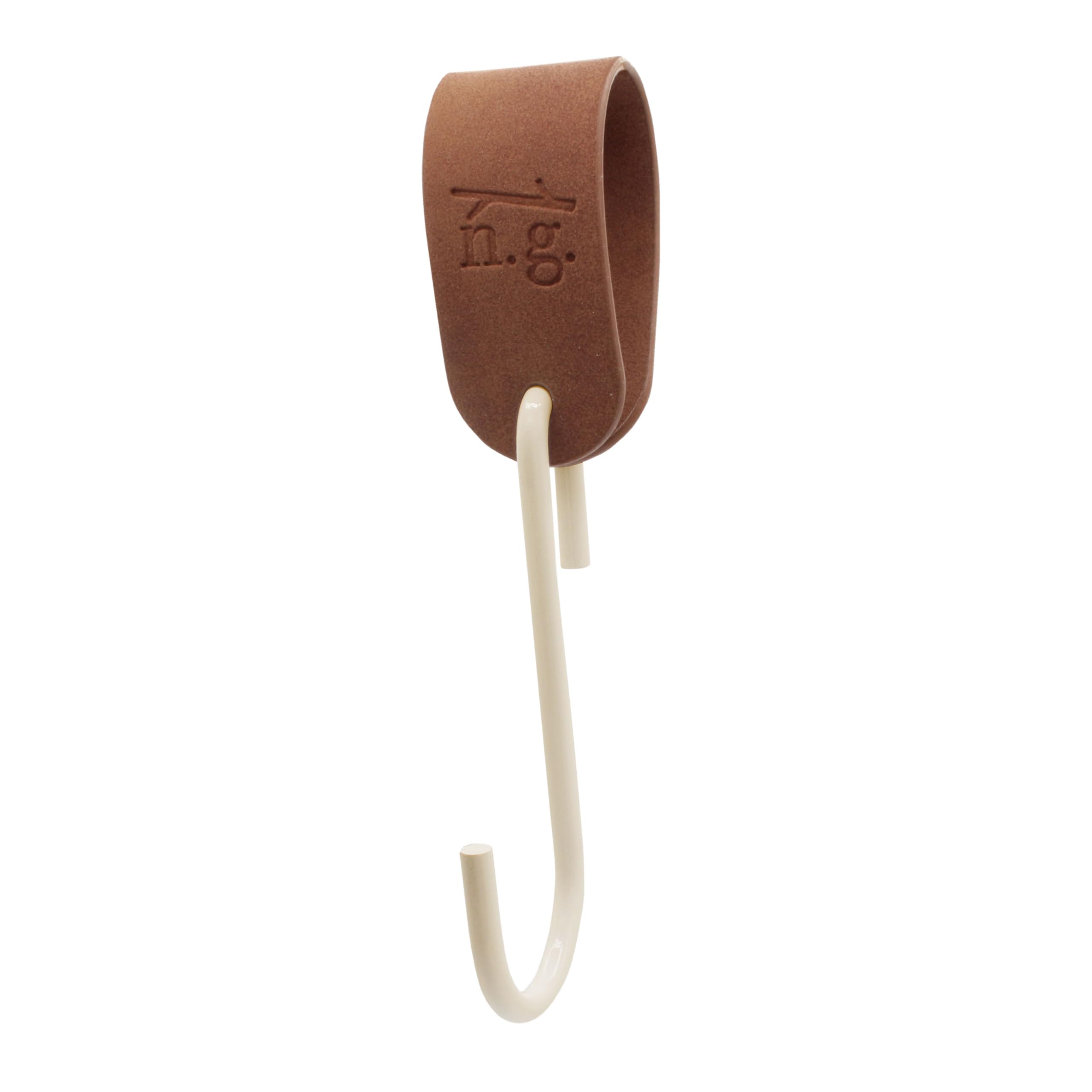 Gancio appendiabiti GARD con gancio a S | Passante in pelle PU vegana | Cinturino in pelle sintetica decorativo per aste di guardaroba, appendiabiti, cinghie in pelle (nastro marrone/gancio beige, set