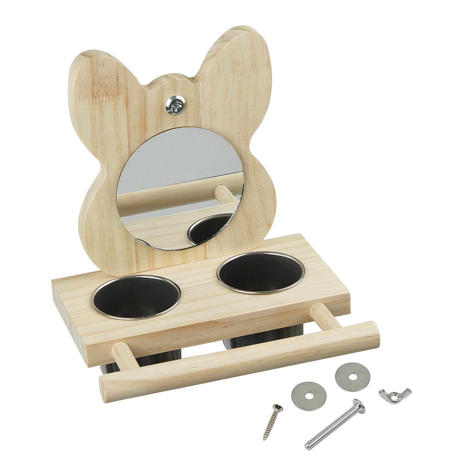 Porssaut Parrot Wooden Playstand with Mirror and Feeding Cups, light brown