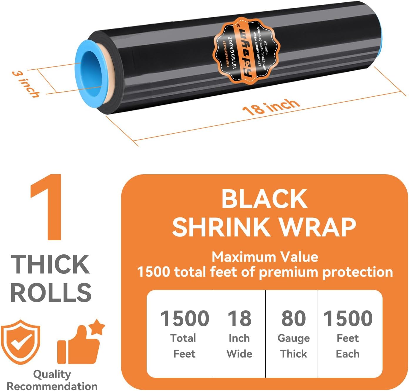 ​ADAYM 18" x 1500' Stretch/Shrink Wrap Roll - Plastic Wrap for Moving, Heavy Duty 80 Gauge, 600% Stretch for Packing, Pallets, Shipping&Furniture Protection​ with Handles