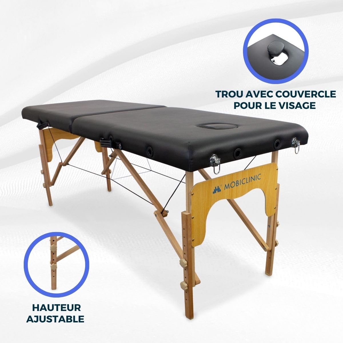 Mobiclinic®, Table de Massage Pliante, Portable, CM-01 Basic, 180x60 cm, Bois et Similicuir, 2 Zonas, Marque Européenne, Hauteur Réglable, Système Verrouillage, Supporte 150 kg