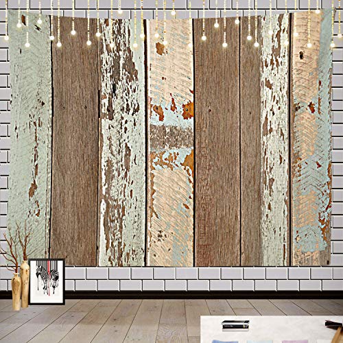 Batmerry Rustic Tapestry, Brown Wooden Blue Wood Plank Wall Board Panel Picnic Mat