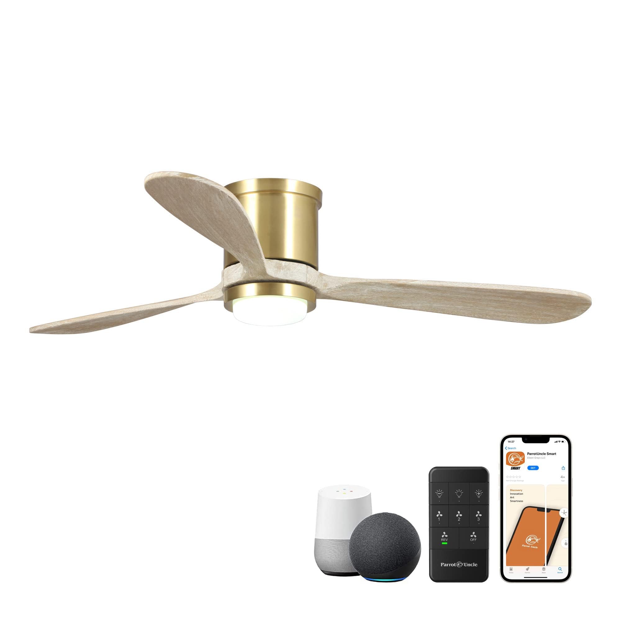 Parrot Uncle 52 Inch Smart Ceiling Fans with Lights and Remote?Compatible with Alexa/WiFi/APP,Low Profile Flush Mount Led Ceiling Fan,3-Speed Timing Reversible AC Motor for Bedroom Living Room