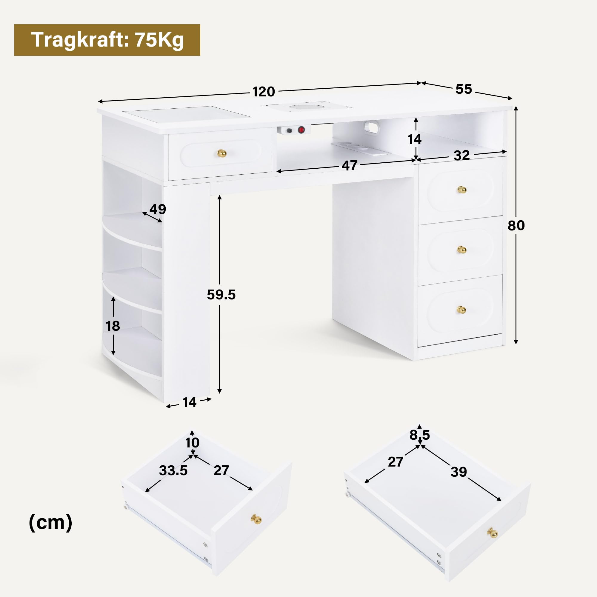 Barberpub scrivania con 4 cassetti, scaffale, 2 ripiani e piano in vetro, tavolo per unghie con aspirazione e 2 sacchetti per l'aspirazione, tavolo per ricostruzione unghie in legno, 2442