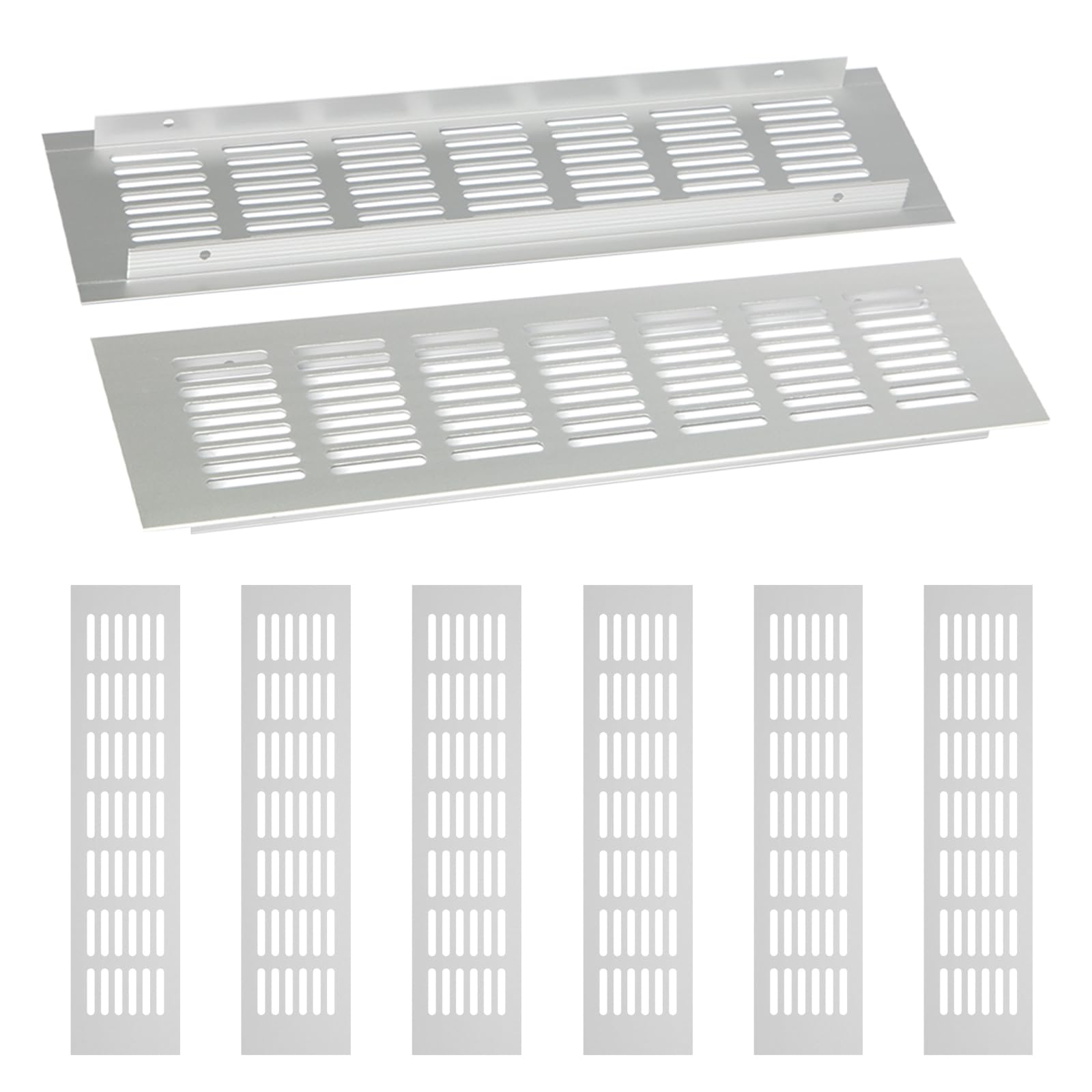 Pilikoll 6 Pcs 80mm x300mm Sliver Aluminum Alloy Air Vent Grille Cover Rectangle Kitchen Vent Air Vent Covers Kitchen Plinth Vent Grill Wall Vent Grille for Cupboard, Wardrobe, Cabinet Ventilation