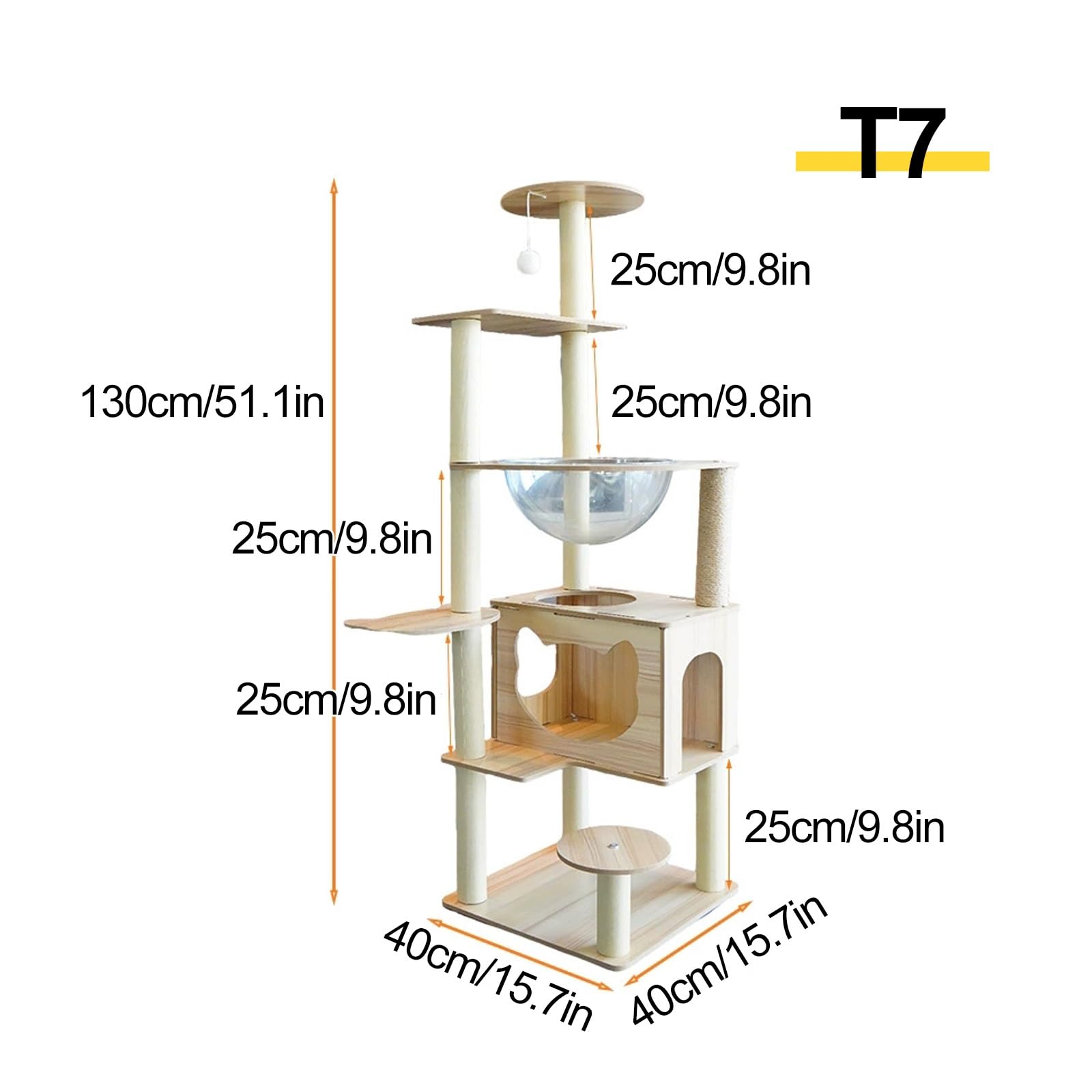 Mobili Gatti, Torre per Gatti con Capsula Spaziale, Tiragraffi, Cuccia Più Livelli, Pompon, Tiragraffi, Giocattoli Interno(40x40x130cm-T7)
