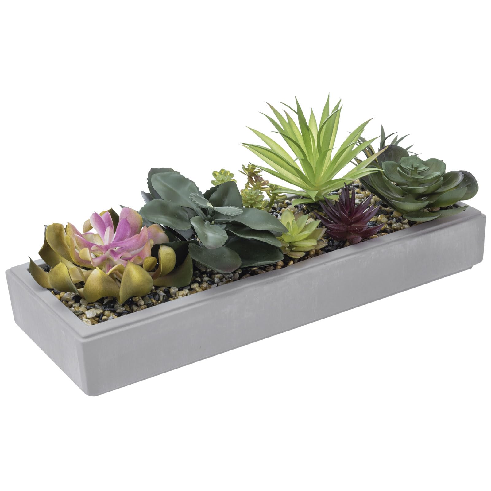 Mixed Color Artificial Succulent Plant Arrangement in Modern 16-Inch Grey Clay Planter Tray