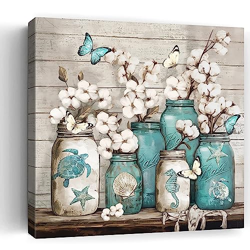 Bathroom Decor Wall Art Blue Beach Picture Ocean Theme Flower Canvas Print Modern Coastal Seascape Painting Framed Bathroom Pictures Canvas Painting Teal Bedroom Kitchen Art Home Decorations 20"x20"