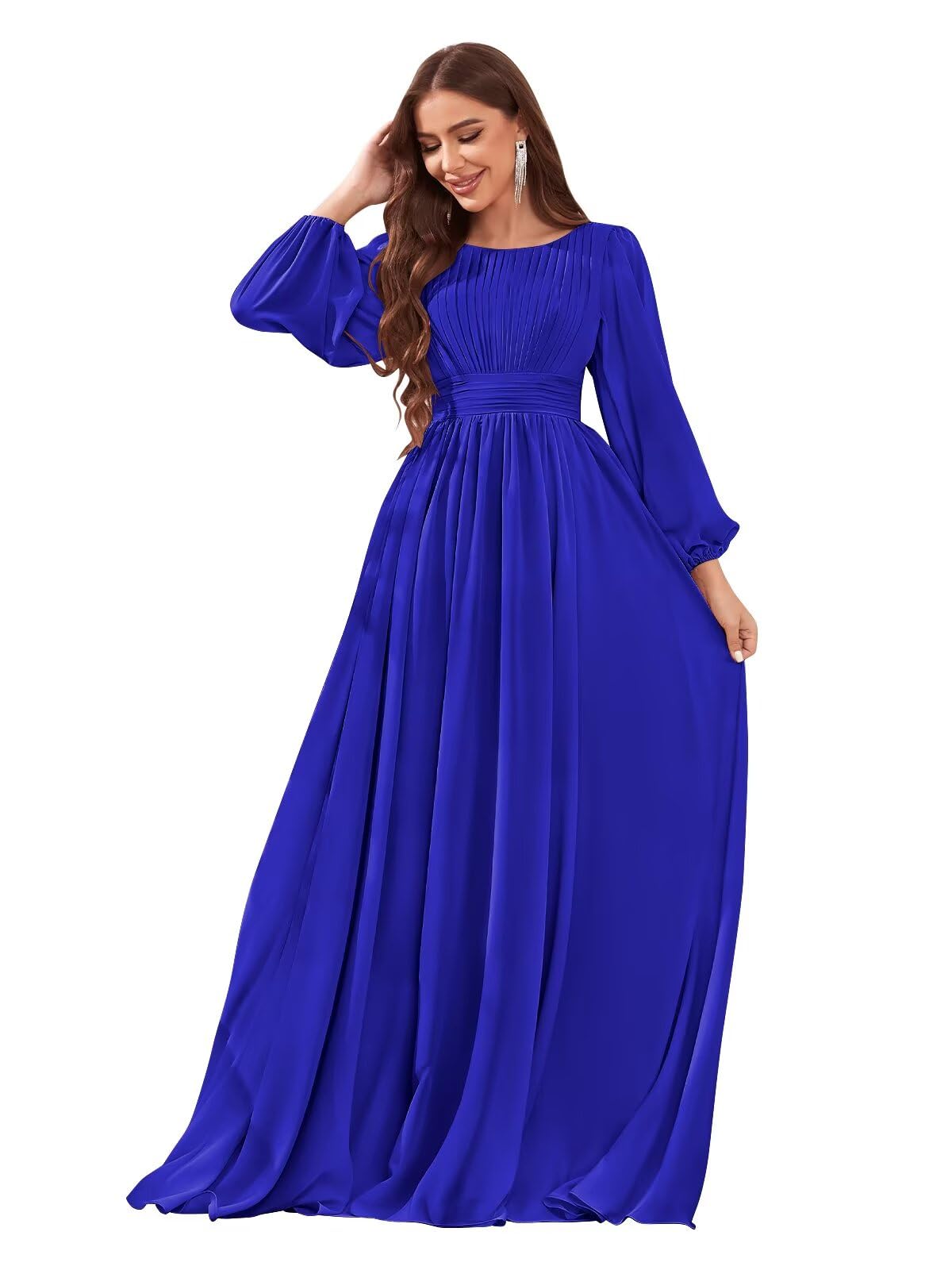 Long Sleeve Chiffon Bridesmaid Dresses for Women Wedding A-line Ruched Formal Evening Gown