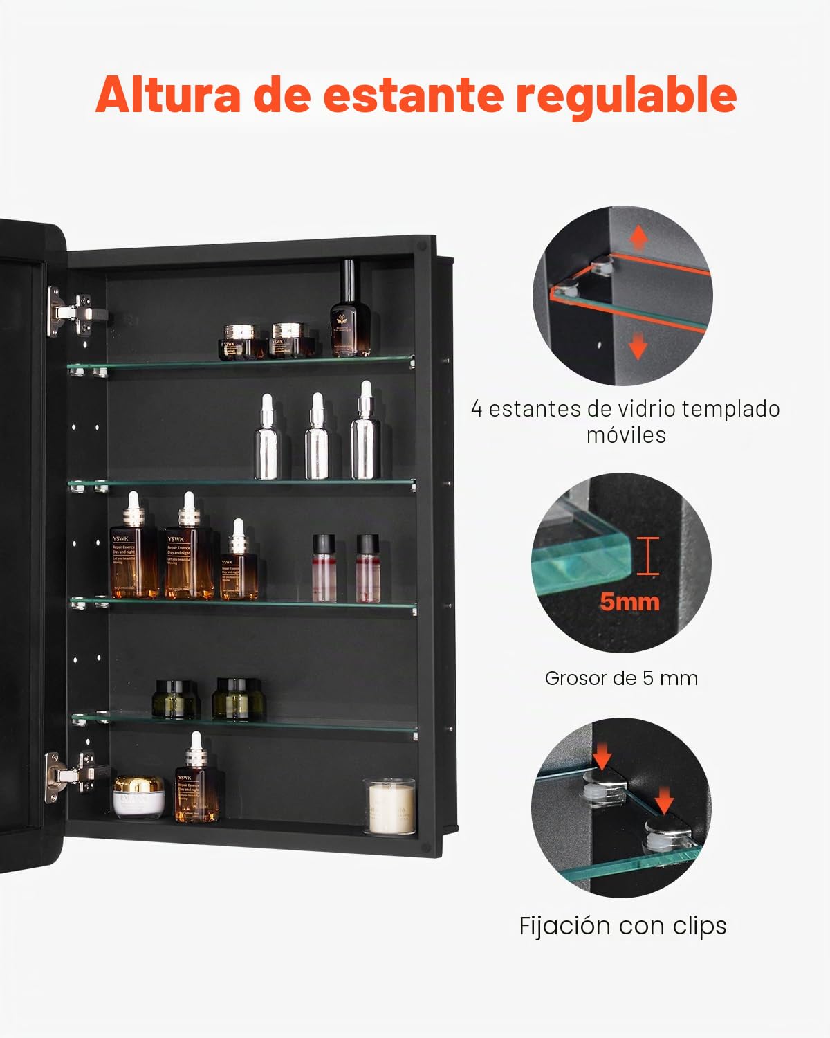 VEVOR Botiquín con Espejo para Baño con Puerta de Espejo y Estantes de Vidrio Ajustables, Instalación Empotrada y Montada en Pared, Aluminio, Organizador de Almacenamiento, 508 x 126 x 762 mm