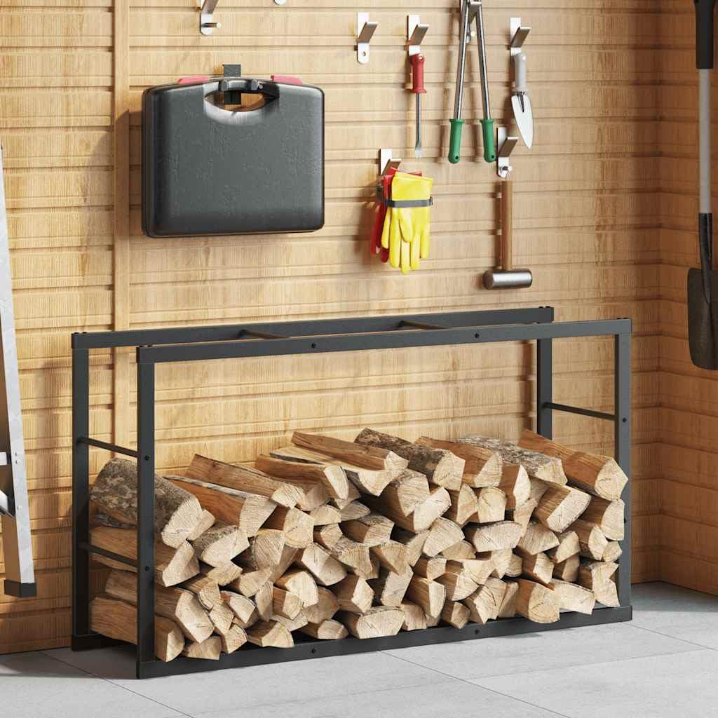 Estantería para leña negra 110 x 30 x 61 cm de acero para troncos de leña, almacenamiento de leña para interiores, ahorra espacio con soporte de pared