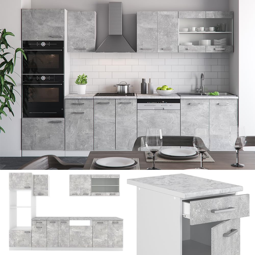 Cocina Modular 240cm Cocina R-Line Vicco 240cm - Diseño Hormigón/Blanco,  Encimera Mármol, Modular Mueble Ajustable Patas, image size:1000x1000