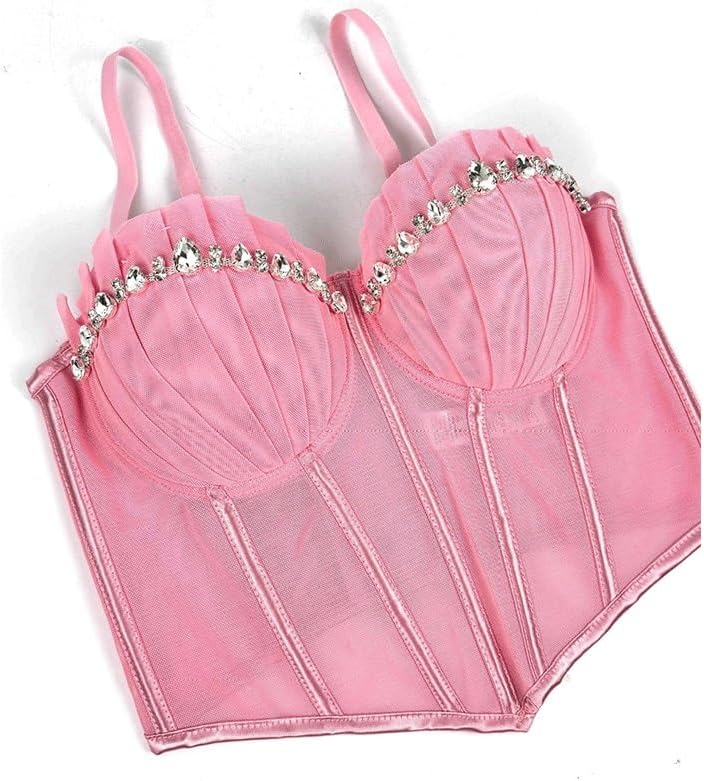 JSEIAJB Women's Rhinestone Pleated Small Camisole Fashionable Personality Outerwear Bra Street Shooting Tight Top
