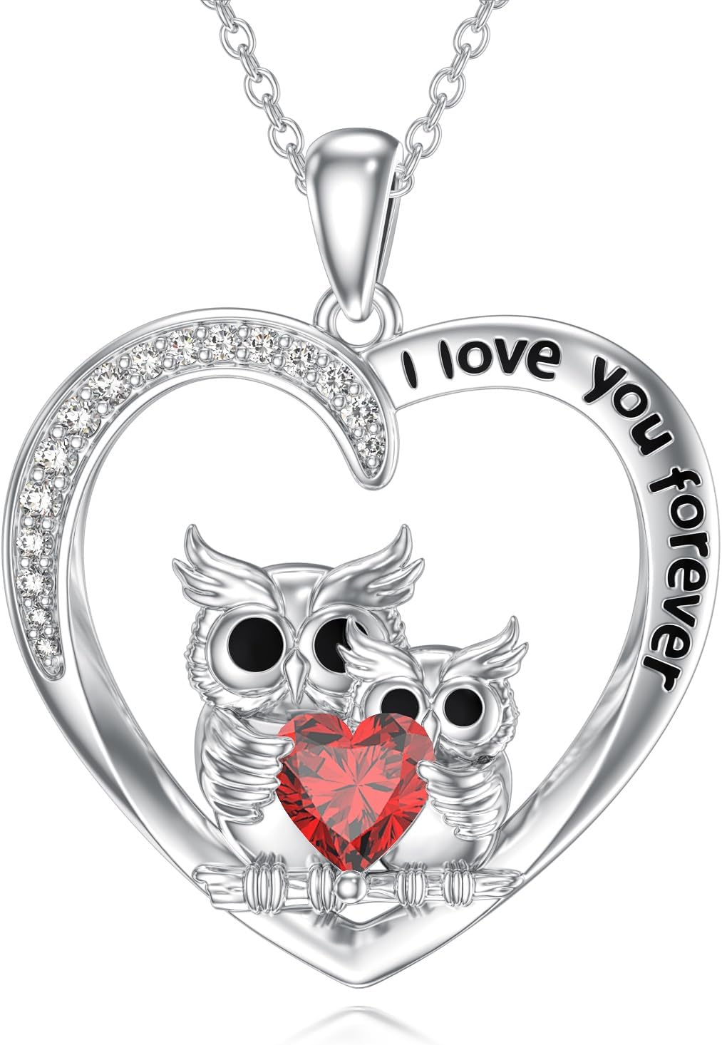 Heart Owl Necklace for Women 925 Sterling Silver Natural Garnet Owl Heart Pendant I Love You Forever Jewelry Gifts for Her