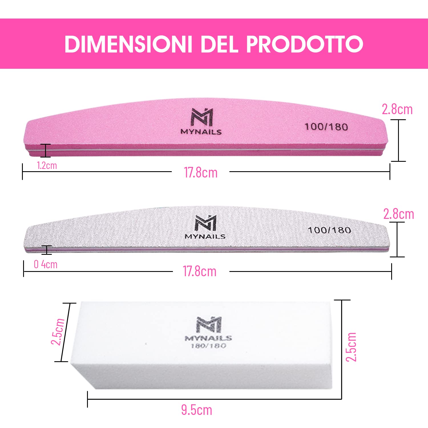MYNAILS - Lima professionale per unghie, set di 5, 2 lime per unghie mezza luna 100/180, 2 buffer unghie bianche 180/180 e 1 lime per unghie Buffer mezzaluna rosa e bianco 100/180, confezione
