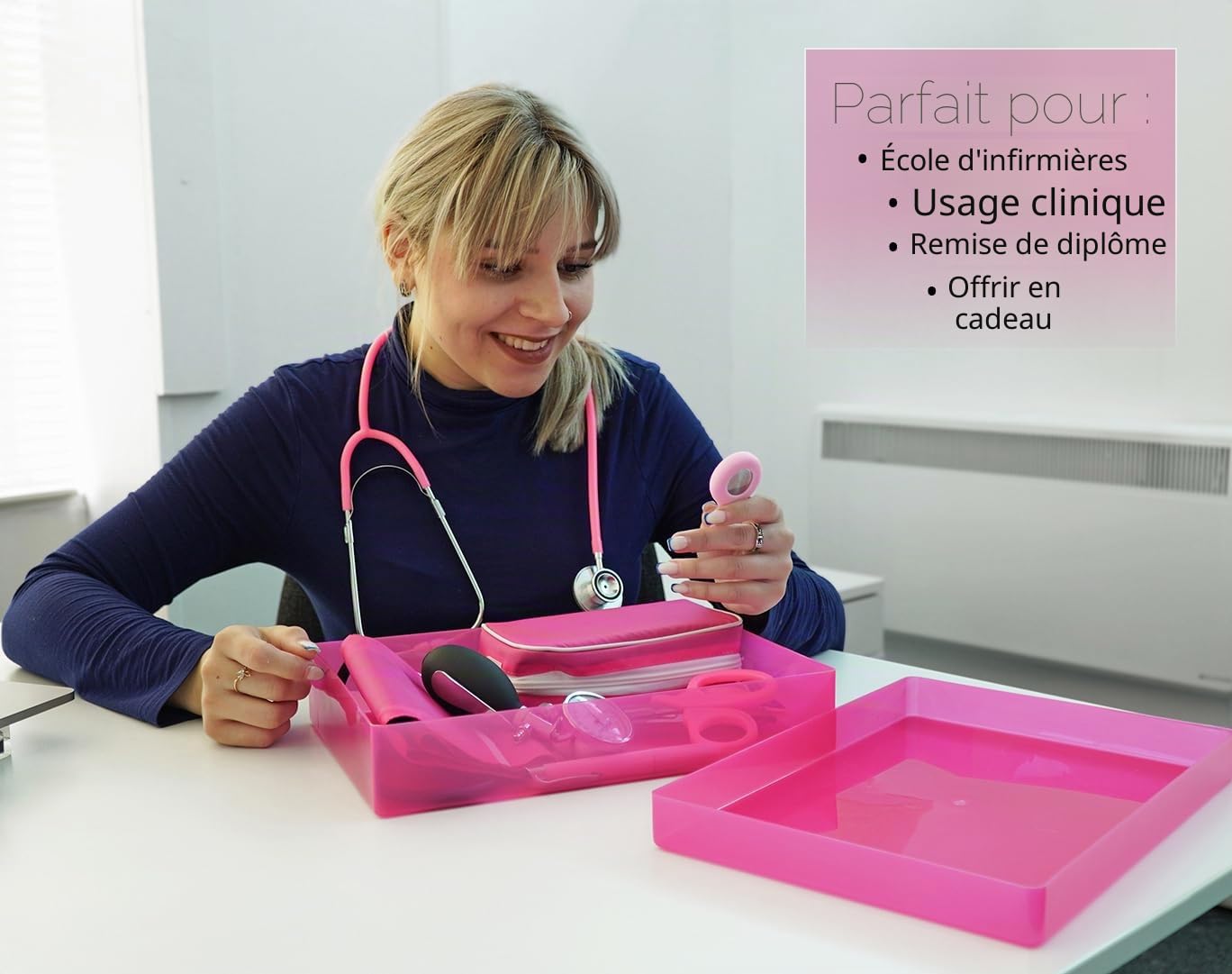 Ensemble d'instruments d'infirmière rose – Kit médical 7 pièces avec stéthoscope, manchette BP, montre et plus – Idéal pour les infirmières et les étudiants