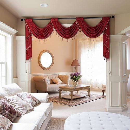 ELKCA Cenefa de cascada de chenilla color rojo burdeos para sala de estar, cenefa de 3 festones huecos para festivales, vacaciones, cortinas de