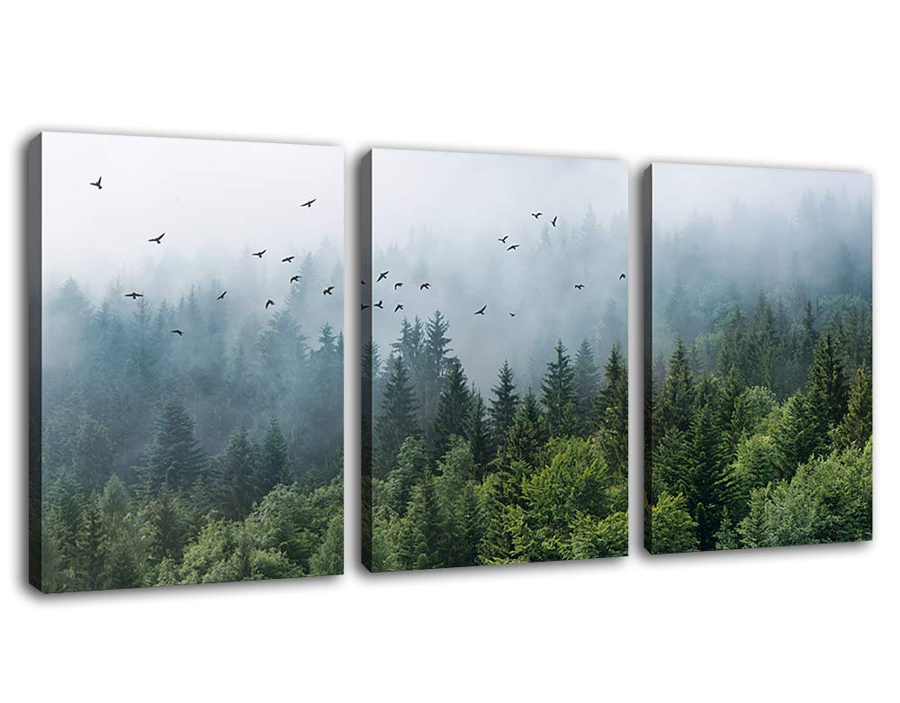 Green Forest Wall Art Tropical Foggy Forest Mountain Bird Contemporary Canvas Pictures Modern Artwork Framed for Bathroom Bedroom Nursery Living Room Home Office Kitchen Wall Decor 12" x 16" 3 Pieces