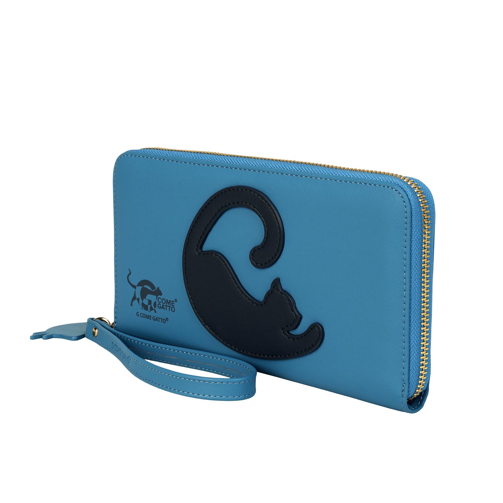 Portafogli Donna Grande con Gatto Stilizzato – 17 Slot Carte, Zip Monete, Spazio Penna – Design Esclusivo e Vegan Friendly – 3 Colori Disponibili (Ottanio con gatto blu)