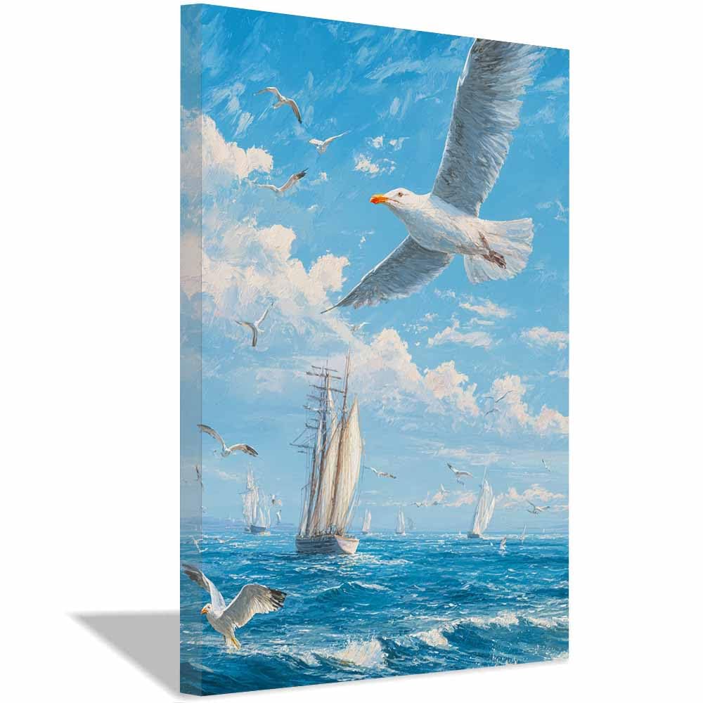 HOQIU Landscape wall art Seagulls & SailBoatss canvas art, art print, house decor, bedroom wall decor above bed, prints for living room.(Multicolor)-60x80cm Framed