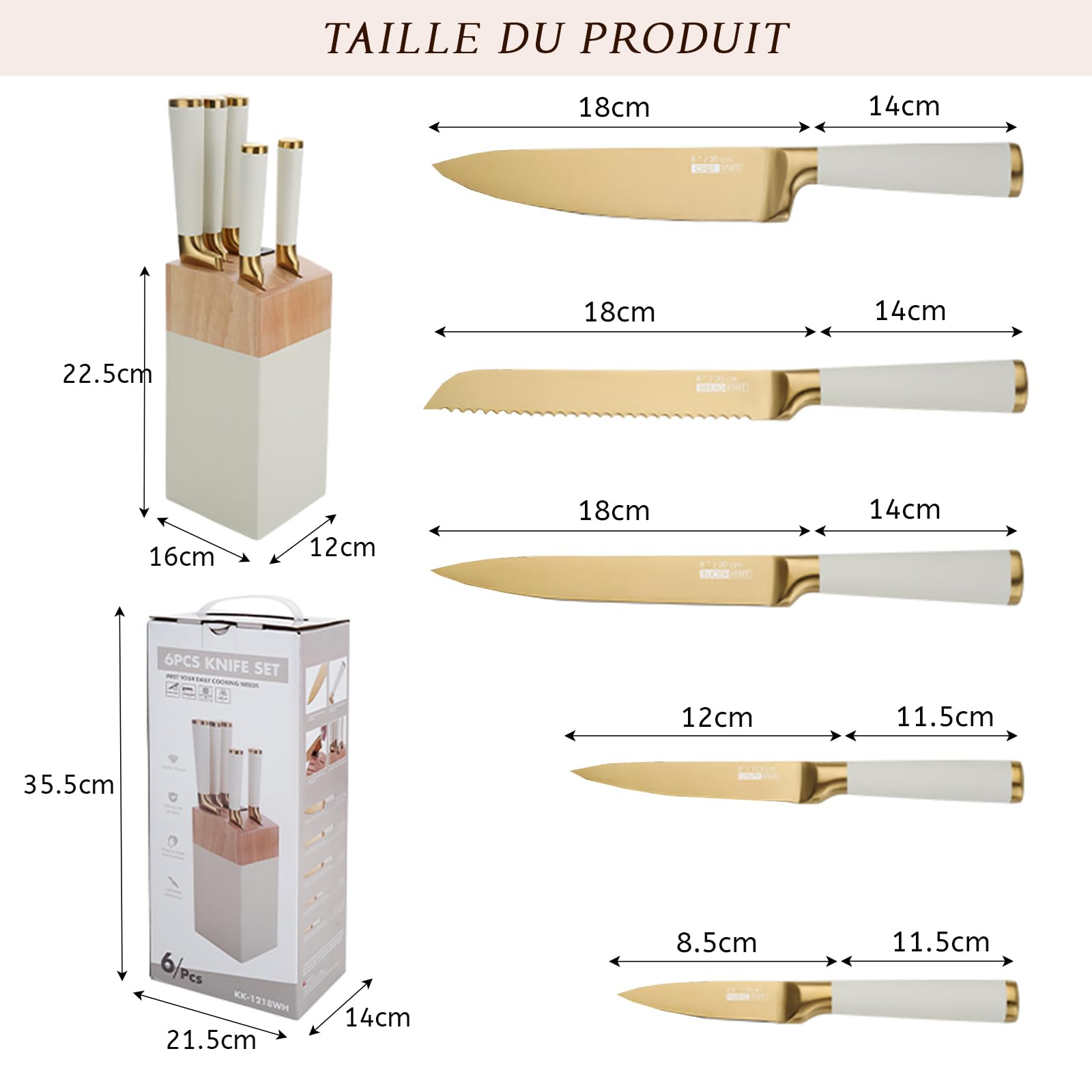 Ensemble de Couteaux de Cuisine, 6 Couteaux En Acier Inoxydable Blanc Avec Bloc, Bloc de Couteaux Ultra Tranchant Avec Manche Confortable, Couteau de Chef Pour La Cuisine Maison