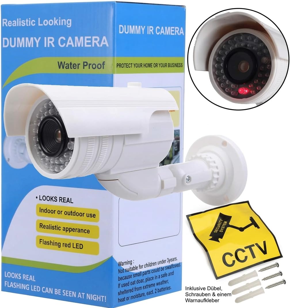 Caméra de surveillance factice avec LED clignotante dans un boîtier protégé contre les intempéries, fausse caméra de sécurité CCTV 720p pour l'intérieur et l'extérieur