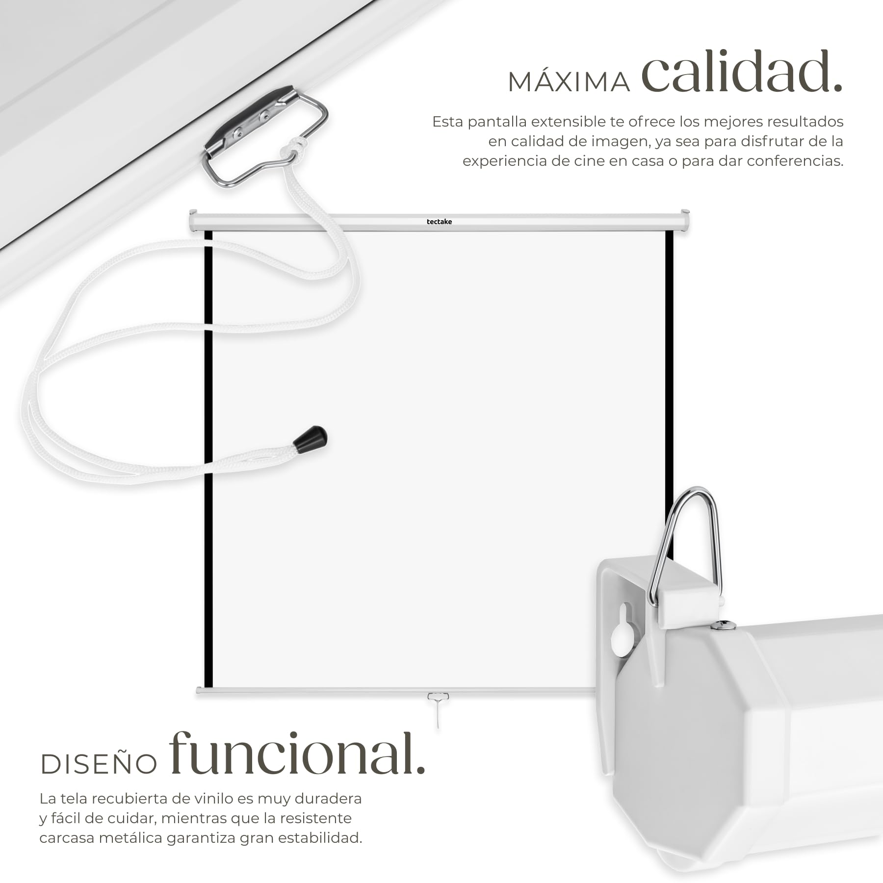 tectake® Pantalla Proyector Enrollable y Retráctil, Montaje en Pared y Techo, Formatos 1:1, 4:3y 16:9, Optimizado para HDTV y 3D, Factor de Ganancia 1,0, Proyector Pantalla - 203 x 203 cm 110"