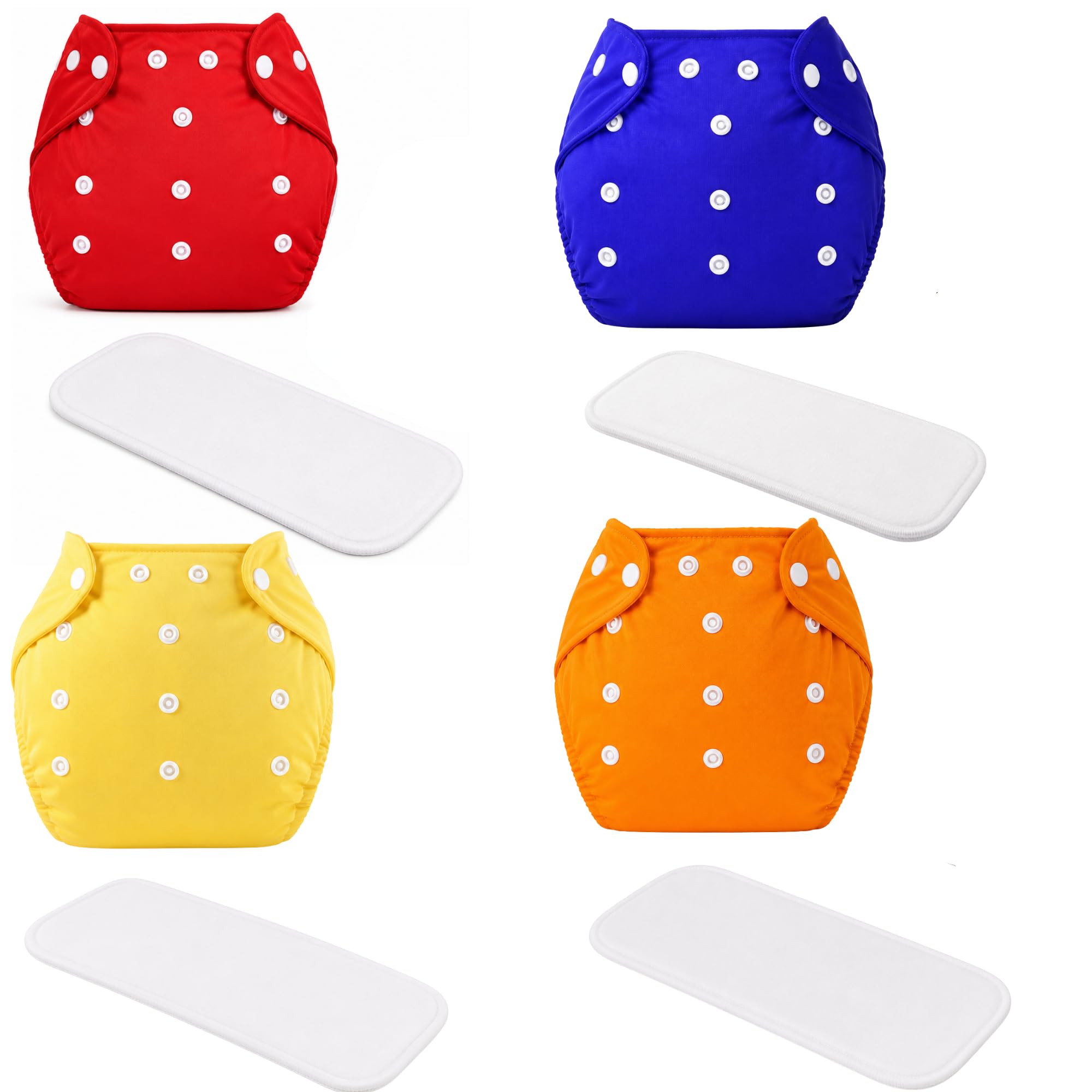 Reusable Washable Cloth Pocket Cover with Soft Absorbent Insert, Leakproof Adjustable Snap Buttons Gentle Outer Fabric (RED+BLUE+YELLOW+ORANGE, PLAIN, PACK OF 4)-image-16