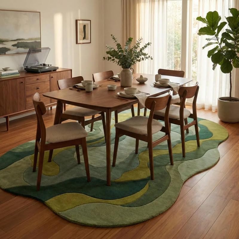 Hand Tufted Wool Irregular Shape Area Rug 8x11 Ft (96x132 Inch) Modern Abstract Green Carpet for Living Room Bedroom Soft Thick Handmade Luxury Designer Unique Shape Rug