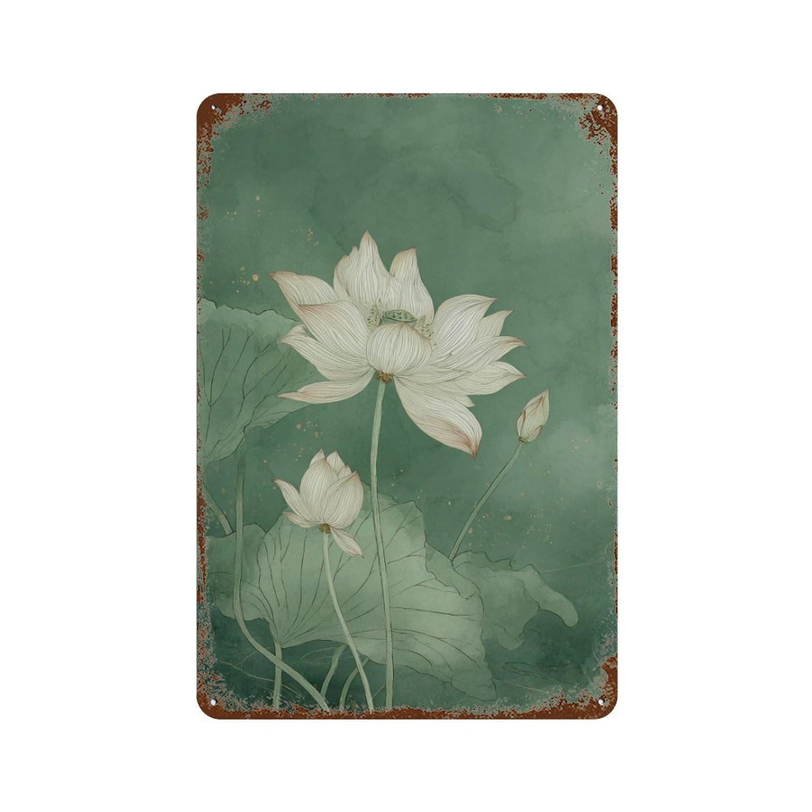 xiaoxiaoshen Lotus Flower Minimal Botanical Painting Asian Zen Green Nature Elegant Floral Wo Wall Decor Art Metal Tin Poster Modern Home Decor Art Home Bar Shop Decorations Vintage Sign 30x20cm