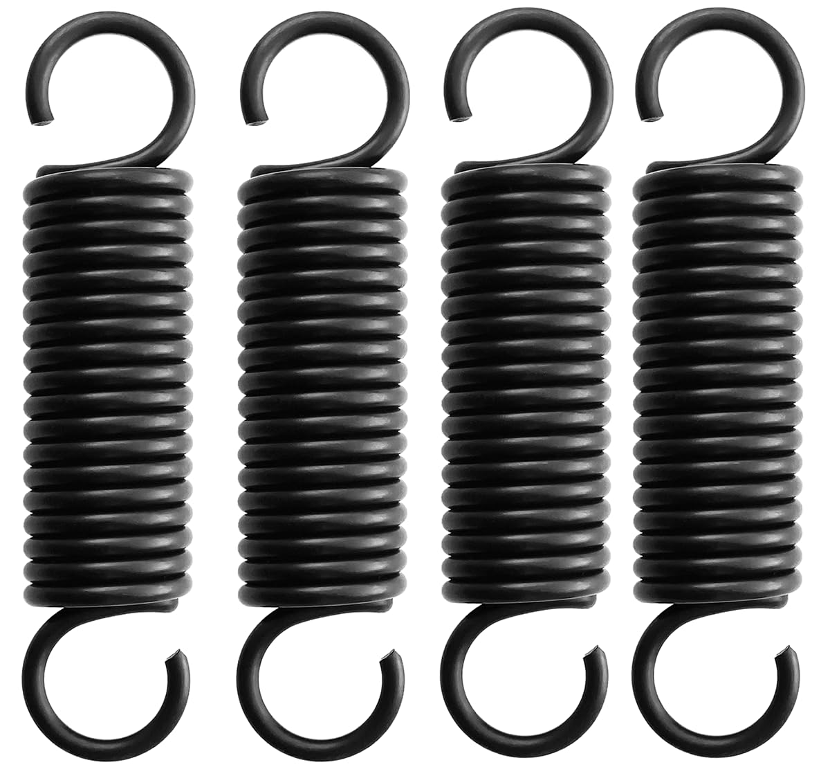 4 x stalowe sprężyny przedłużające 80 mm. Średnica sprężyny 18 mm. Grubość drutu 2,5 mm. 4 Czarne sprężyny z podwójnym hakiem. Silne i rozciągliwe napinacze