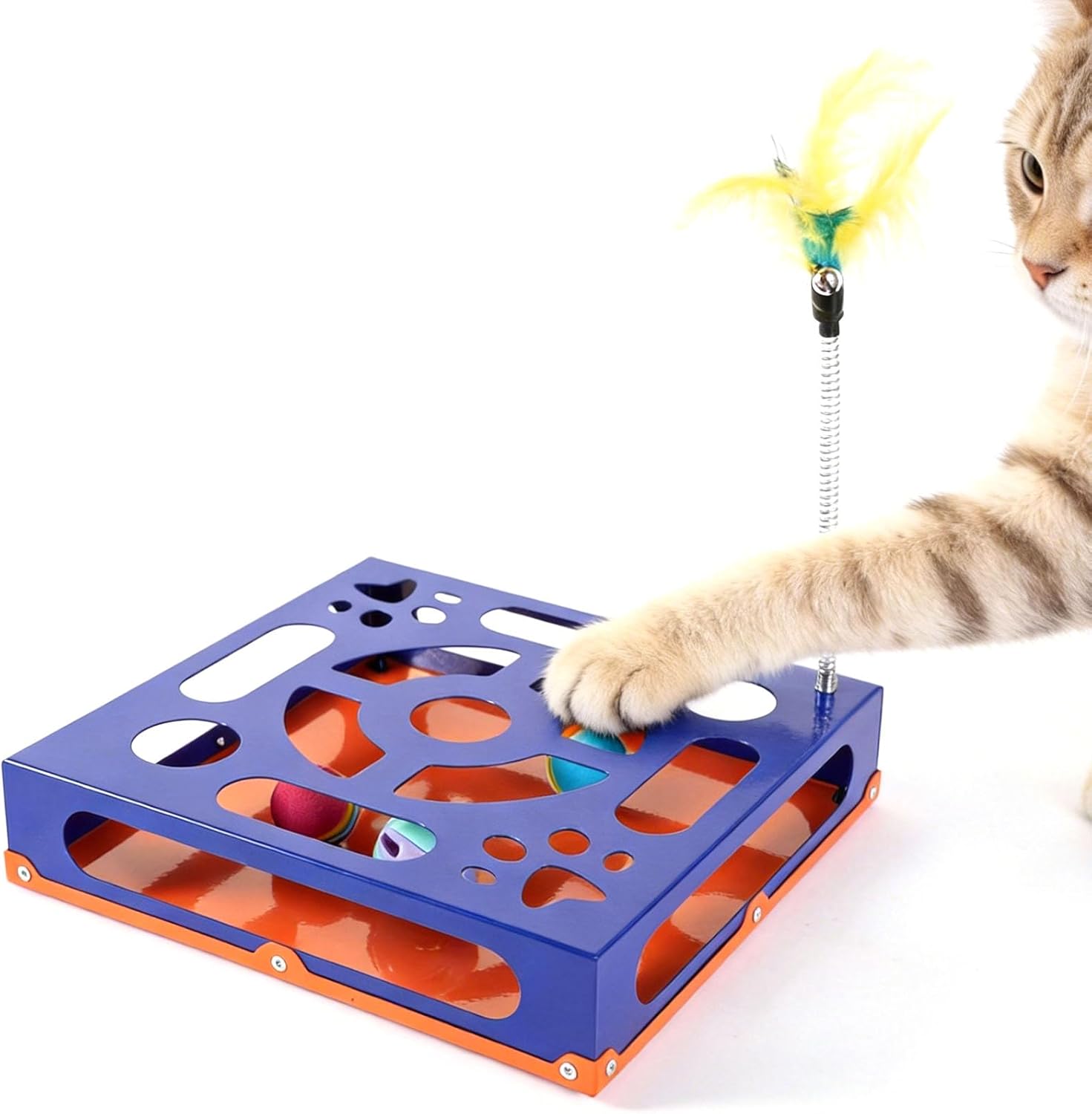 2026 New Metal Cat Scratch Puzzle Enrichment Box,cat Puzzle, 1 Spring-Loaded Colorful Feather Stick with a Bell,No Assembly Required, All Cats Indoor Play Toy