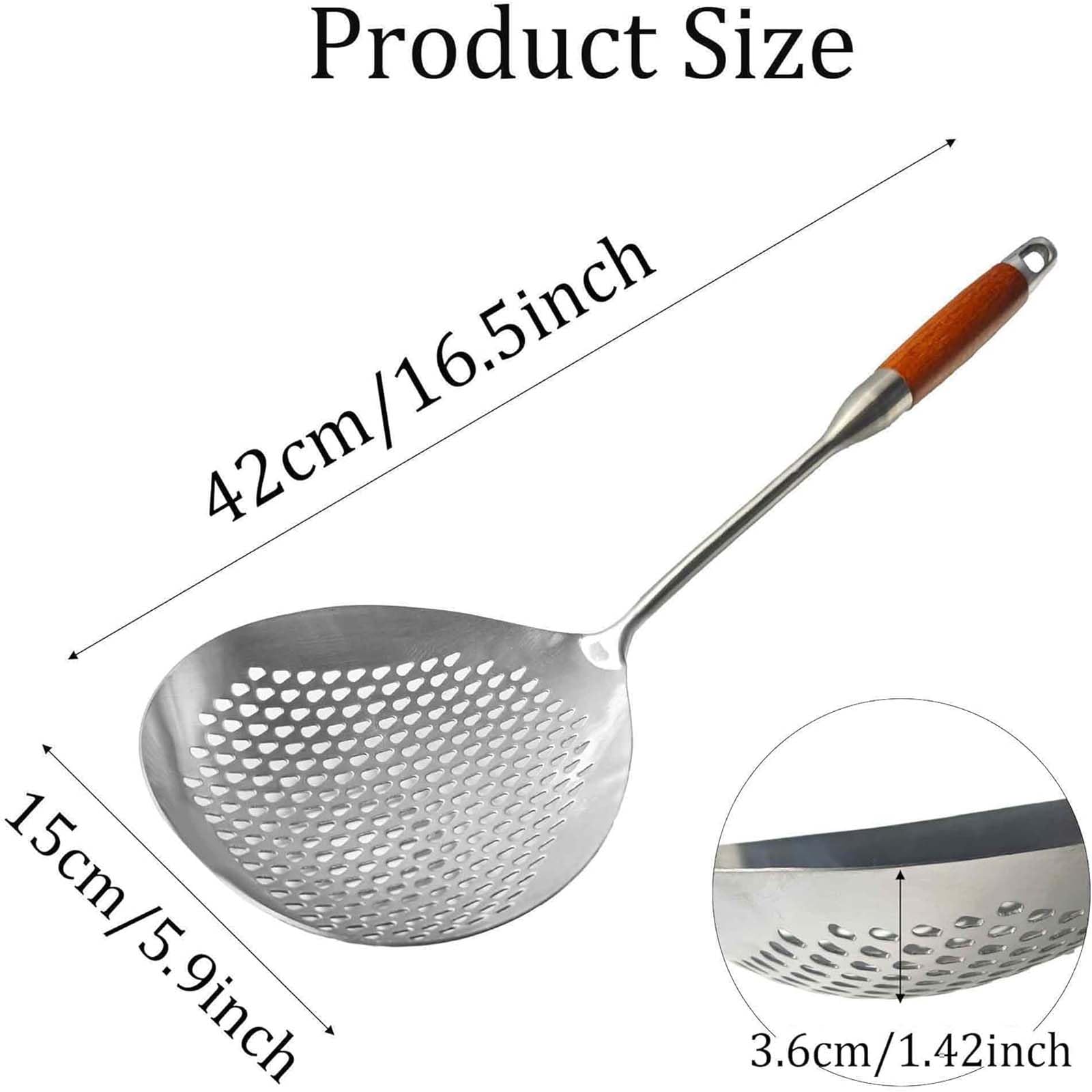 Schaumlöffel aus Edelstahl 304 mit ergonomischem Holzgriff, 42 cm großer Küchensieb, Frittierkelle mit Schlitzen, aufhängbarer Kochsieb, hitze- und rostbeständige Schöpfkelle mit Schlitzen (2PCS)