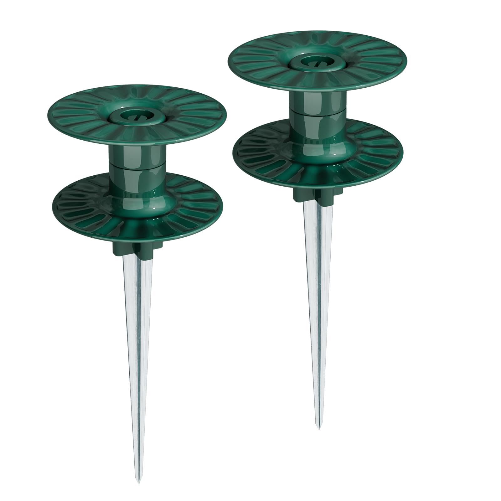 Estaca guía de manguera de jardín de 10 pulgadas, estaca de metal resistente de zinc sin óxido, parte superior giratoria verde oscuro, mantiene la manguera de jardín fuera de los macizos de